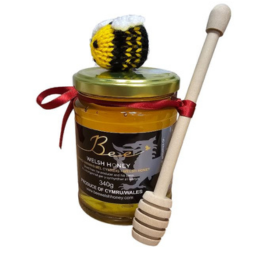 Bee Welsh Honey -  Blossom Honey (Clear) 340g with Bee and Dipper
