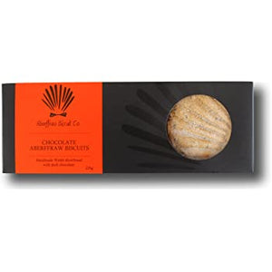 Image of a rectangle box of biscuits with Aberffraw Biscuits Logo